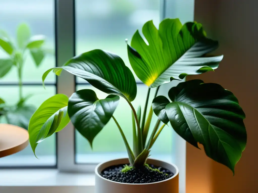 Imagen 8K de planta interior verde en maceta moderna con rocío, luz solar y ambiente sereno