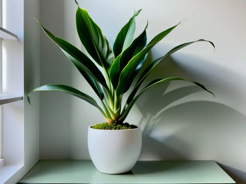 Planta serpiente Sansevieria: belleza en la penumbra Imagen de una planta serpiente exuberante en un soporte blanco moderno en una habitación minimalista iluminada suavemente