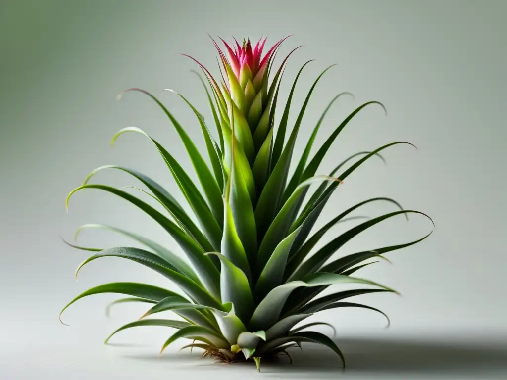 Una imagen de una planta de Tillandsia en primer plano, resaltando su estructura delicada y color verde vibrante sobre un fondo blanco