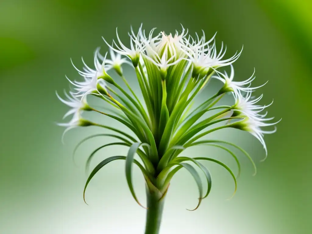 Imagen de planta aérea verde vibrante con delicadas flores blancas, reflejando una relación simbiótica con microorganismos