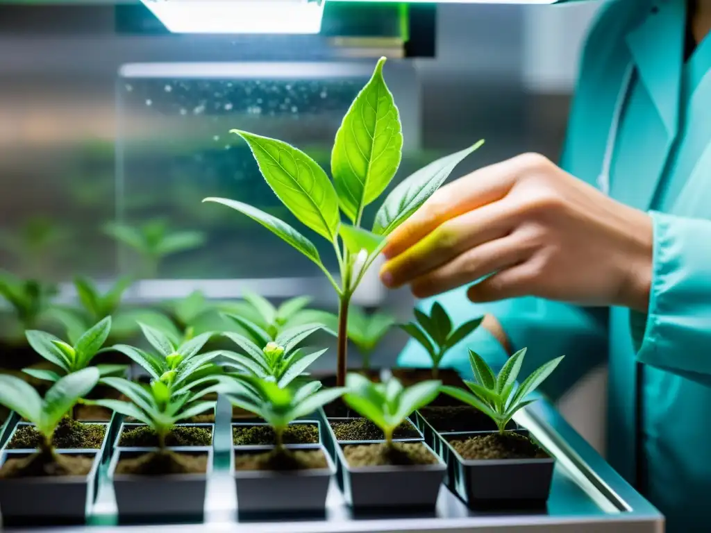 Imagen de clonación de plantas de interior asistida por tecnología, mostrando el proceso detallado y la vibrante planta verde