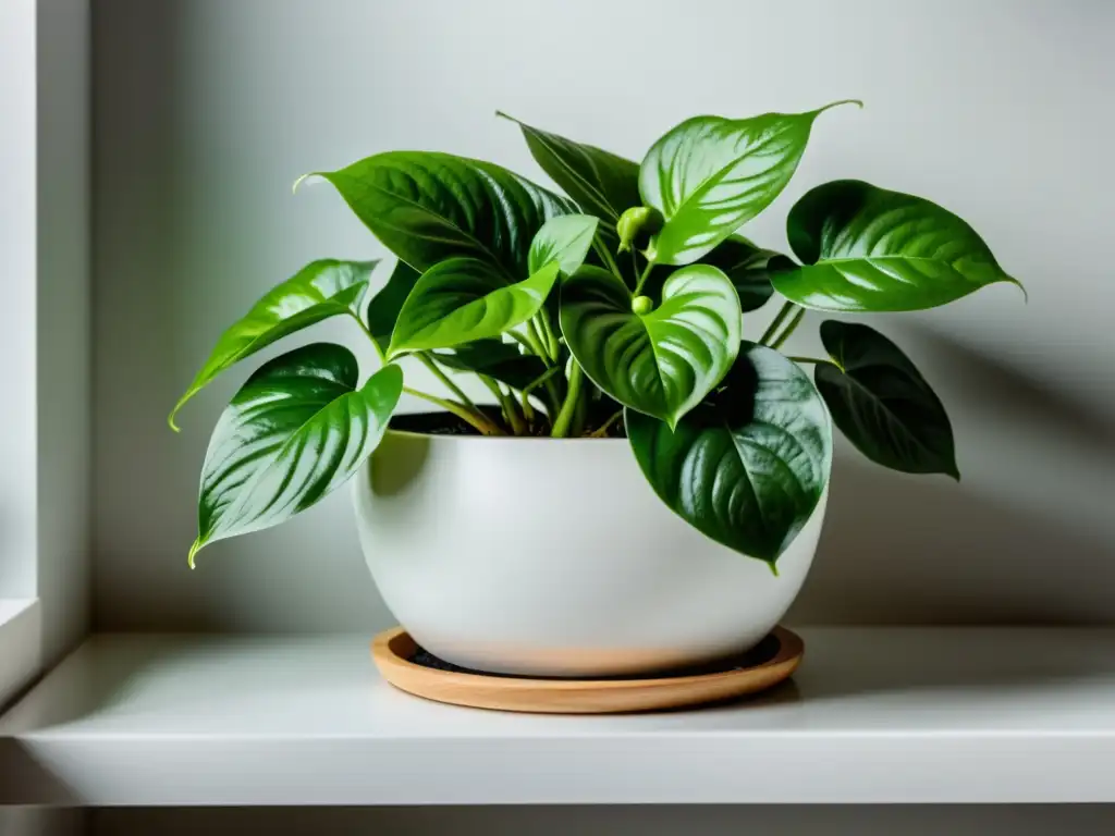 Imagen de un pothos saludable en maceta blanca sobre estante de madera, bañado por luz natural