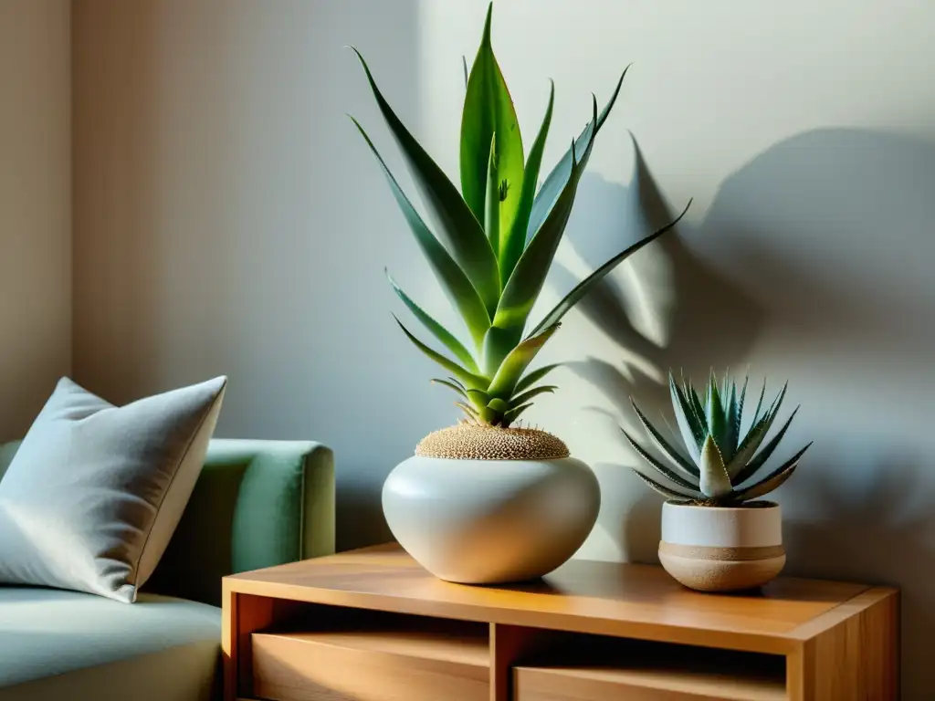 Imagen 8k de sala minimalista con aloe vera en estante de madera, decoración moderna y luz natural, beneficios aloe vera feng shui