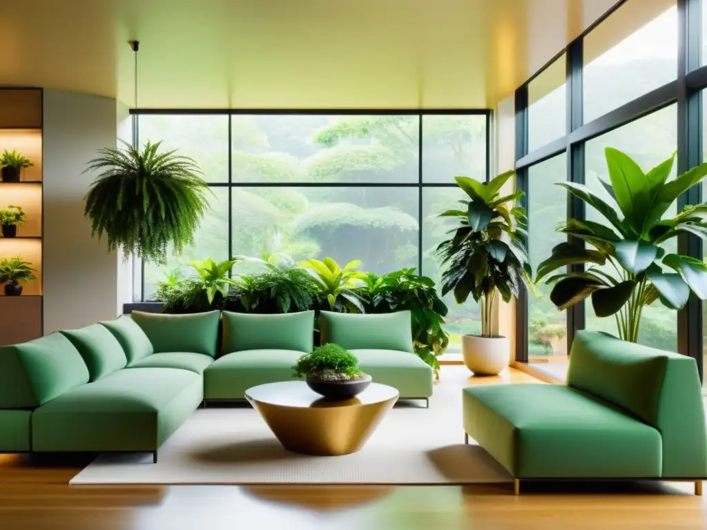 Imagen de sala moderna con las mejores plantas de interior para oxigenar el hogar en un ambiente tranquilo y acogedor