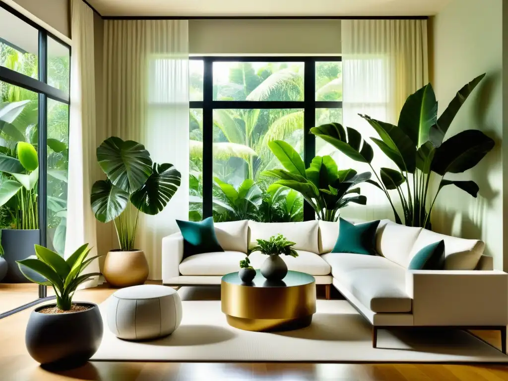 Imagen de sala moderna con plantas tropicales para interiores sin sol, creando un ambiente sereno y elegante con luz natural filtrada