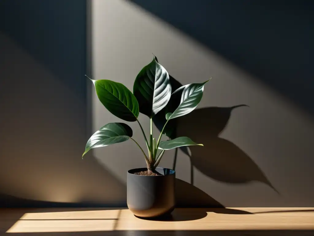 Imagen serena de interior con planta de interior de baja luz en un entorno minimalista y tranquilo