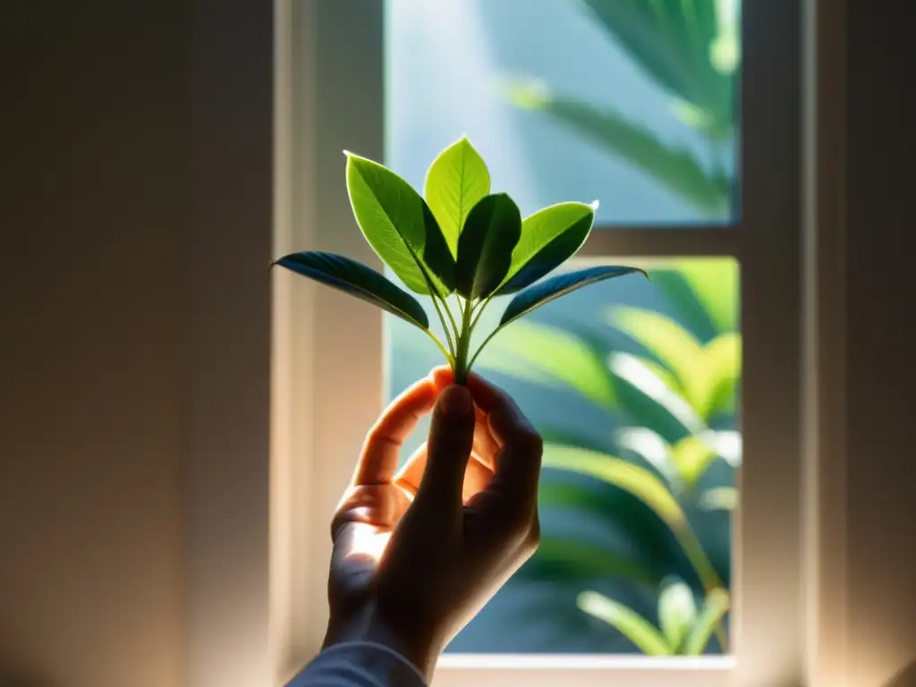 Una imagen serena y minimalista de una mano sosteniendo una pequeña y delicada planta de interior frente a una ventana iluminada por el sol