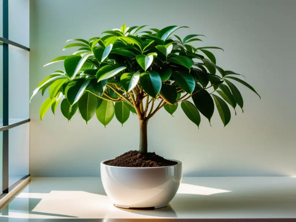 Una imagen serena y minimalista de una próspera planta de dinero (Pachira aquatica) en una elegante maceta blanca