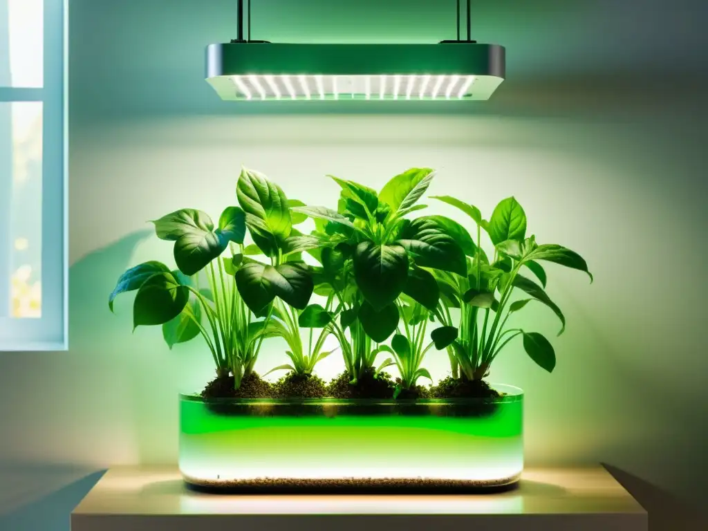 Una imagen de un sistema hidropónico moderno con tubos transparentes y plantas verdes vibrantes en una habitación soleada y tranquila
