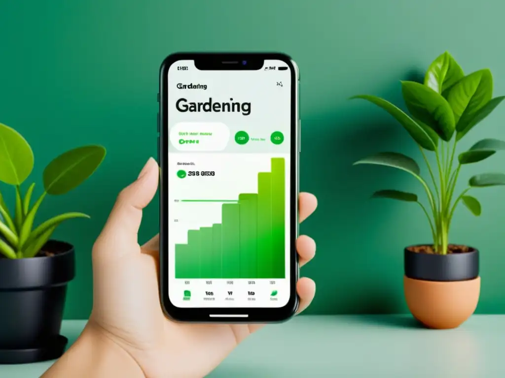 Imagen de smartphone con app de jardinería para plantas de interior futurista y sofisticada en ambiente minimalista monocromático