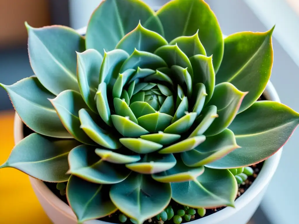 Imagen de una suculenta verde vibrante en un jarrón blanco, irradiando calma