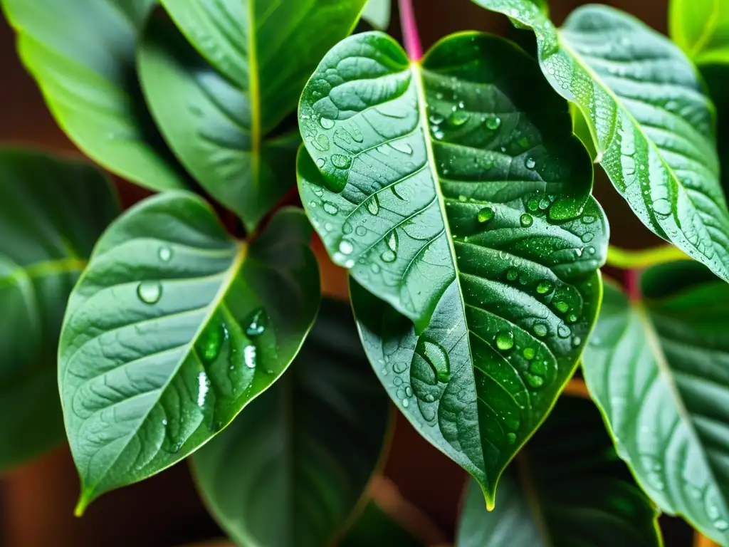 Imagen de texturas de plantas de interior: hojas verdes y brillantes con gotas de agua, bañadas en luz suave