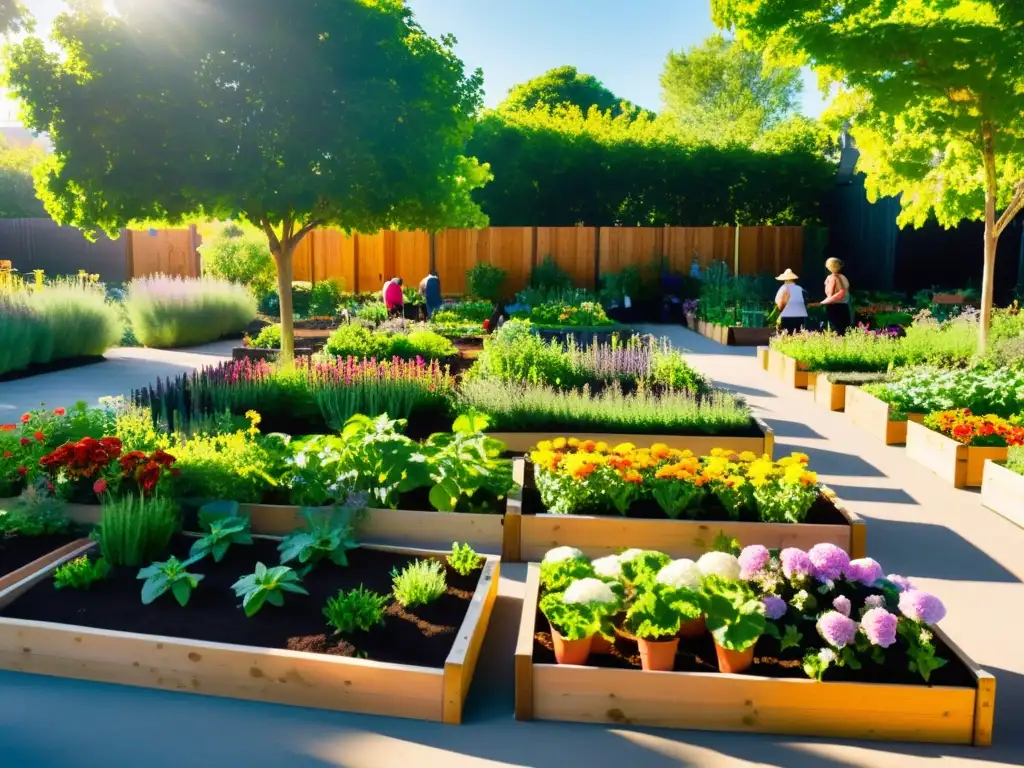 Una imagen tranquila y armoniosa de un jardín comunitario, con camas de cultivo ordenadas y plantas vibrantes