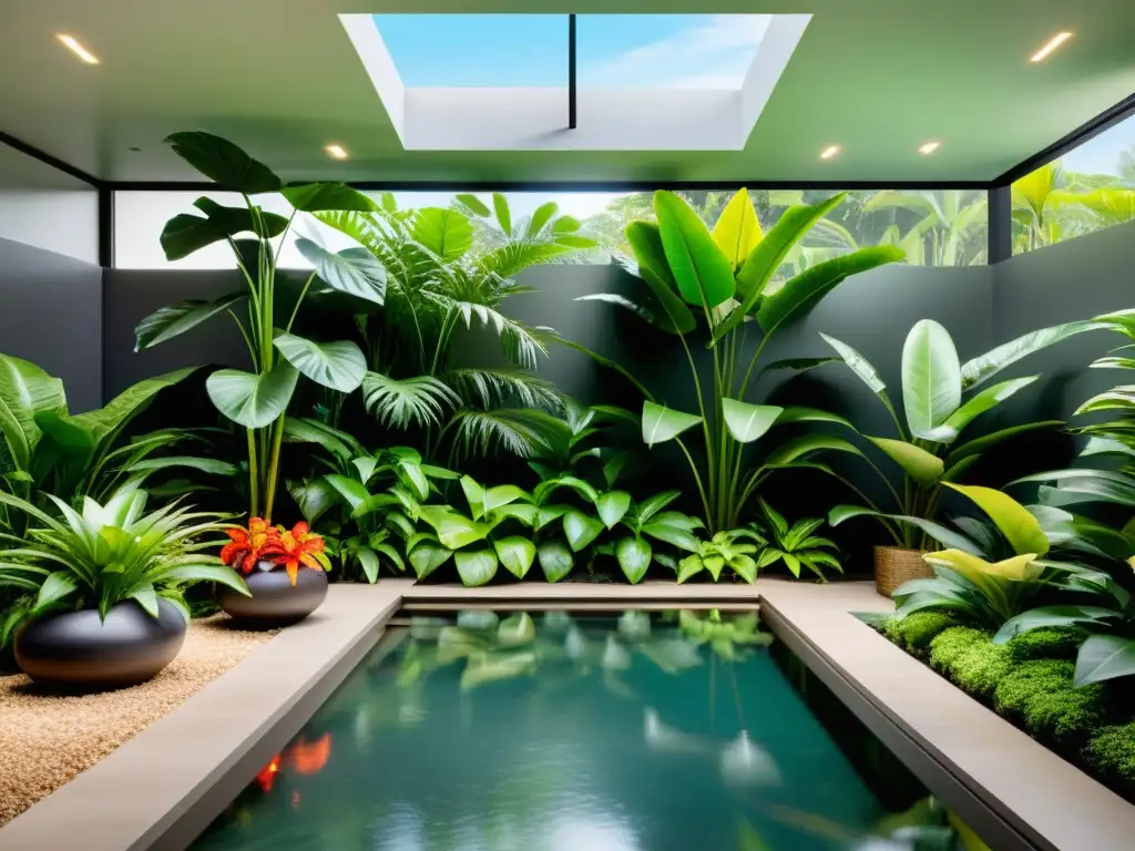 Imagen 8k de jardín tropical interior con controladores climáticos para plantas tropicales