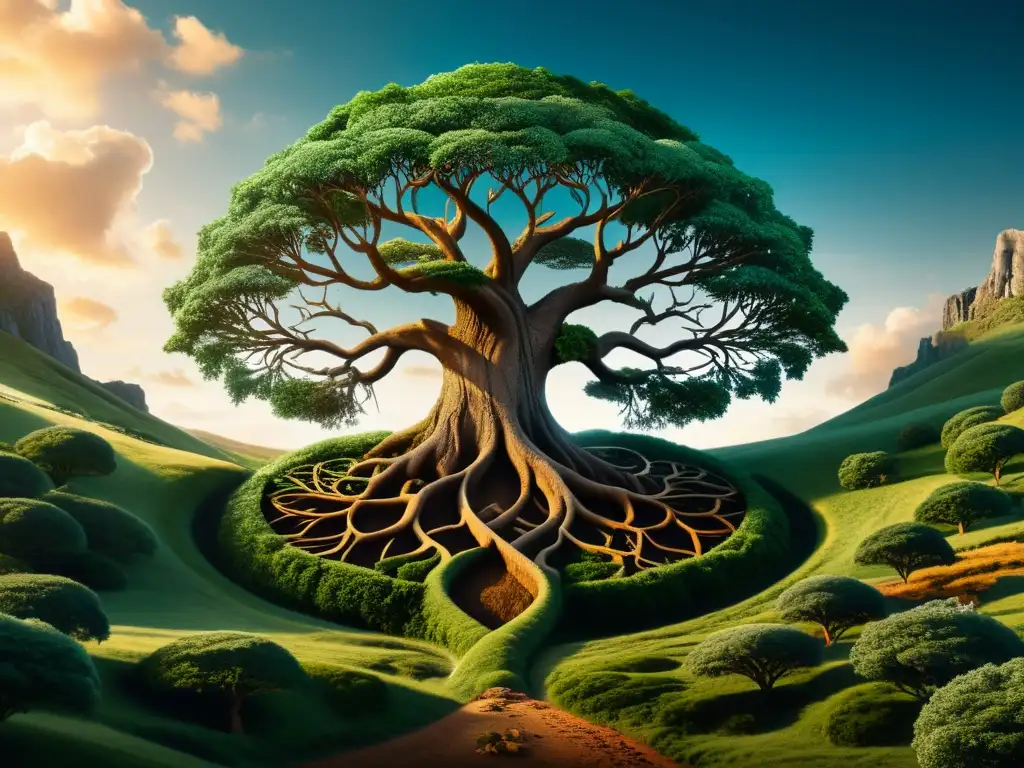 Imagen en 8k de Yggdrasil, el árbol de la vida de la mitología nórdica, simbolizando la grandeza natural y la sabiduría ancestral