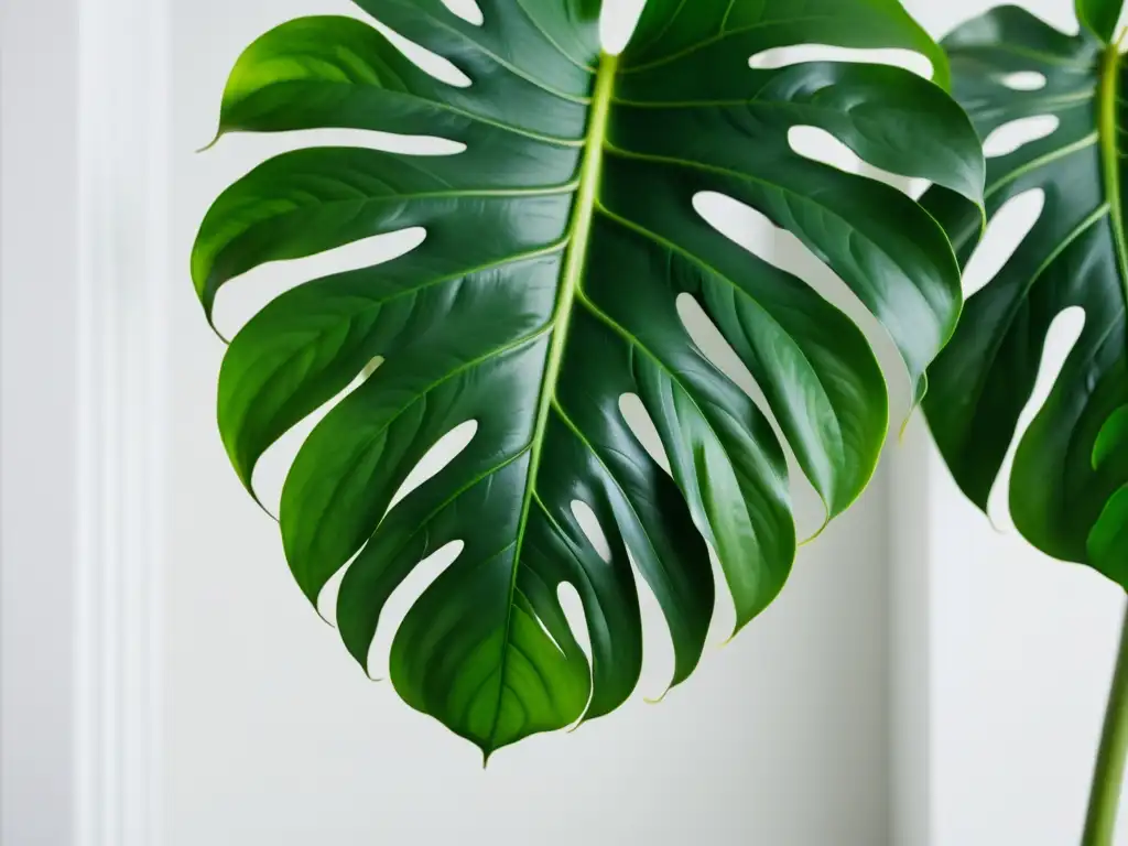 Una impactante imagen 8K de una Monstera Deliciosa con capas de aire cuidadosamente podadas y propagadas, destacando su belleza natural