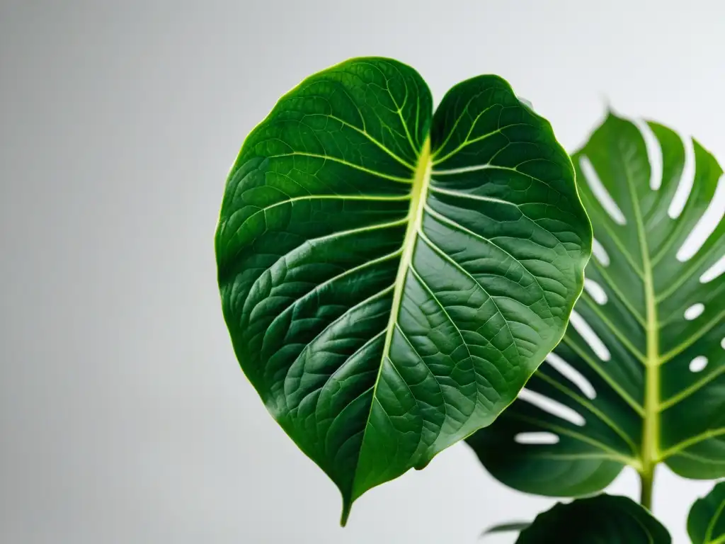 Fotografía impactante de planta de interior con patrones verdes vívidos, en fondo blanco limpio