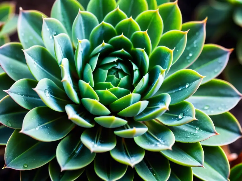 Fotografía impactante de una suculenta verde con gotas de agua, mostrando sus detalles y belleza natural