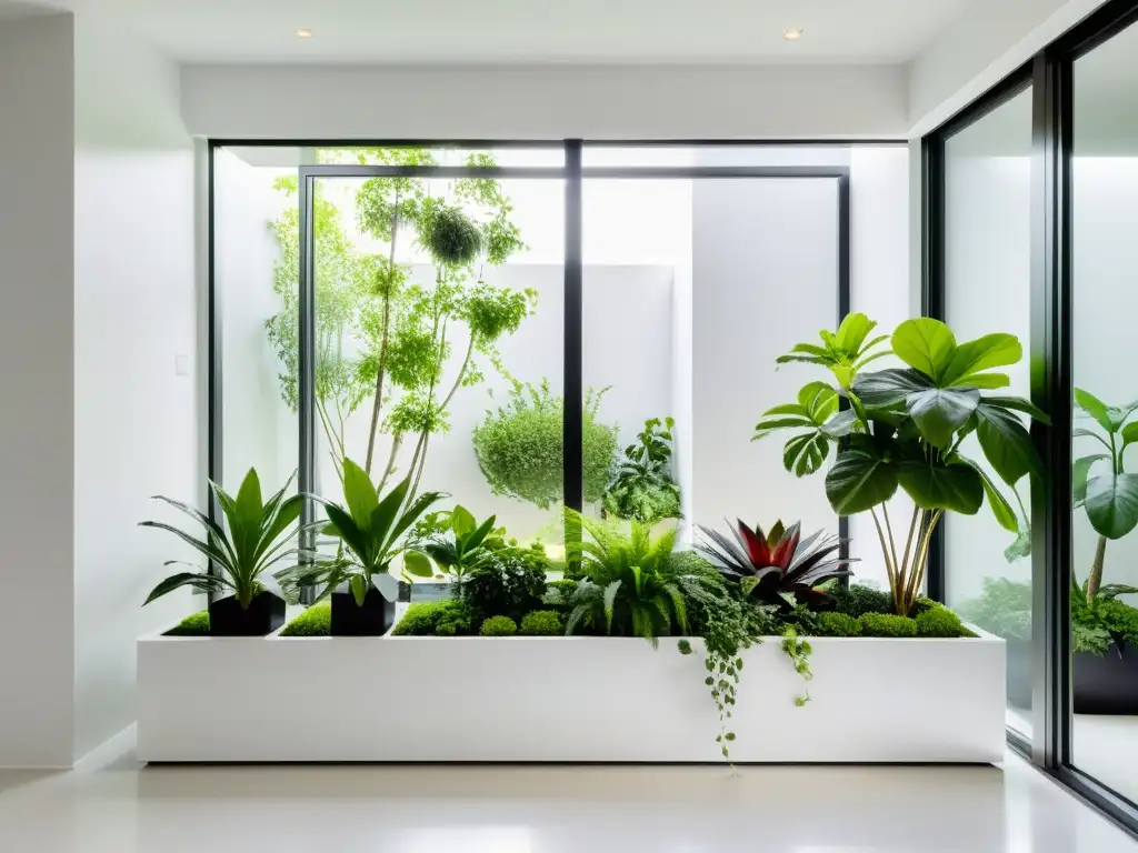 Importancia de jardines de interior en arquitectura: diseño minimalista con plantas verdes en macetas geométricas, paredes blancas y luz natural