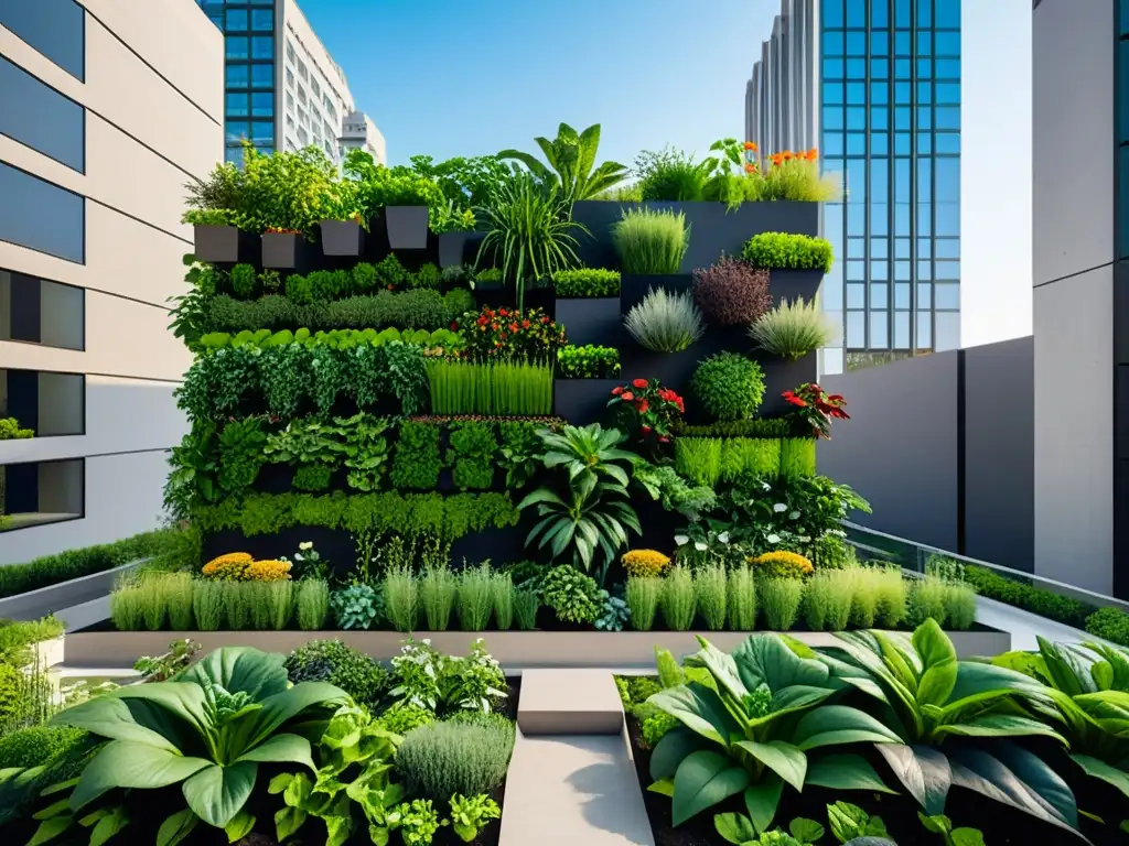 Jardín vertical: armonía urbana y sostenibilidad 'Un impresionante jardín comunitario vertical en la ciudad, fusionando naturaleza y modernidad en un entorno urbano vibrante