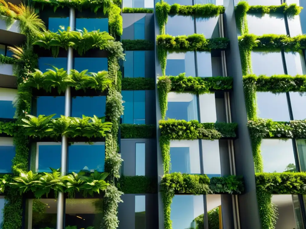 Un impresionante edificio moderno cubierto de exuberantes jardines verticales, creando una transformación con jardines verticales en la ciudad