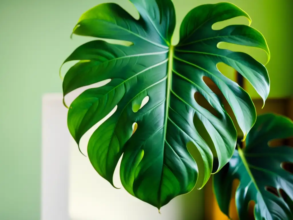 Una fotografía impresionante de una exuberante planta de interior, con hojas brillantes reflejando luz natural