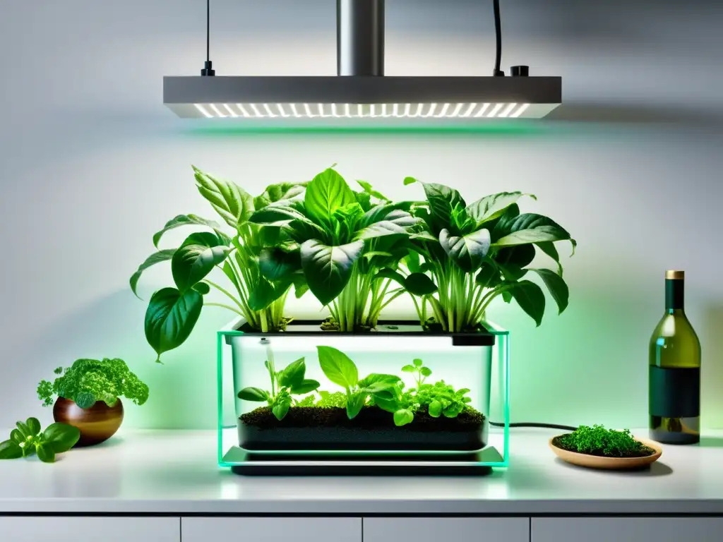 Una impresionante imagen de una elegante hidroponía en casa, cuidado de plantas con un diseño moderno y sofisticado en un entorno minimalista y limpio