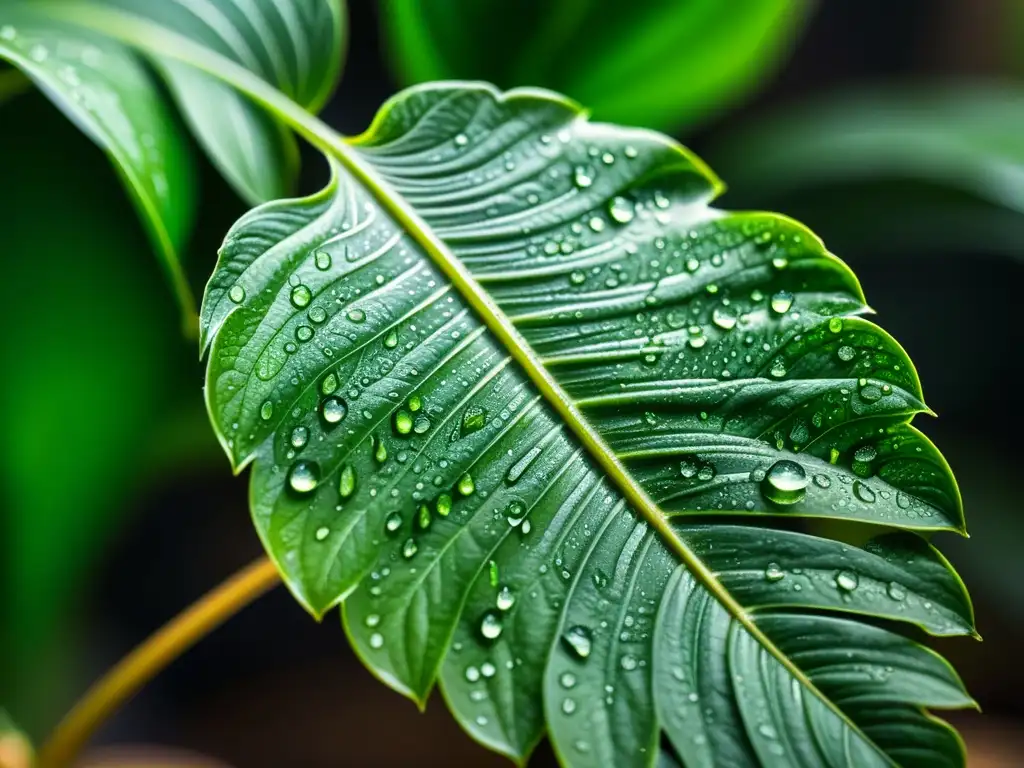 Una impresionante imagen de una planta de interior cubierta de diminutas gotas de agua, que reflejan el entorno