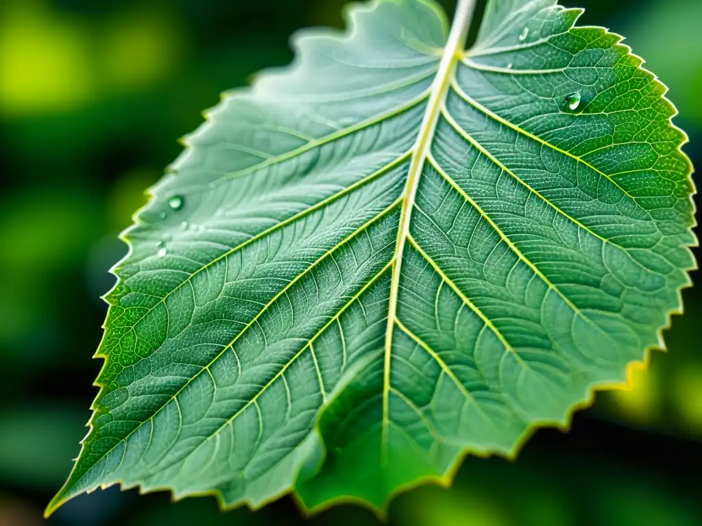 Una impresionante imagen en primer plano de una vibrante hoja verde con detalles intrincados de sus venas y textura, capturada con una lente macro