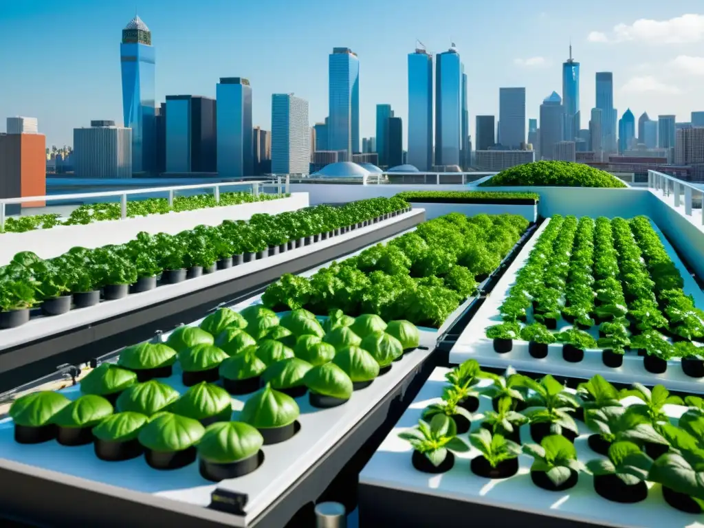 Una impresionante imagen en 8k de un jardín urbano con sistemas hidropónicos, destacando la integración de la hidroponía en agricultura urbana