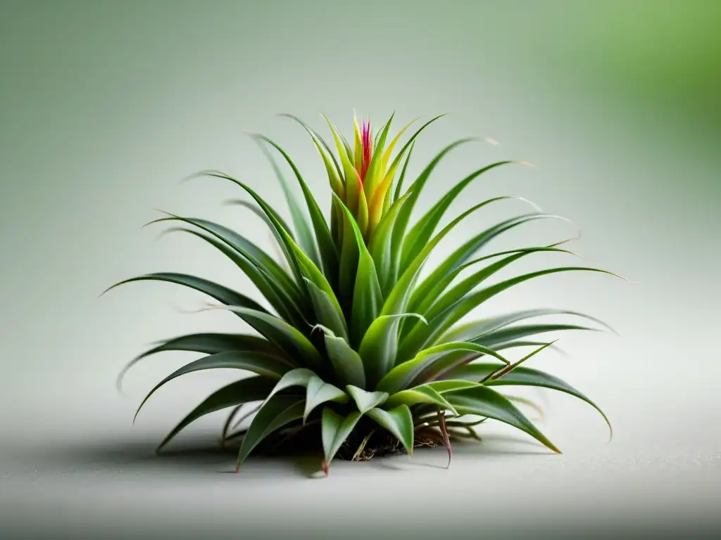 Una impresionante imagen de alta resolución de una vibrante planta aérea Tillandsia, destacando su estructura delicada y hojas verdes