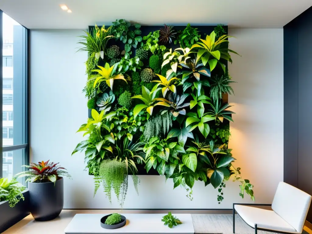 Un impresionante muro verde interior para calmar, con exuberante vegetación en contraste con líneas limpias y una elegante simplicidad