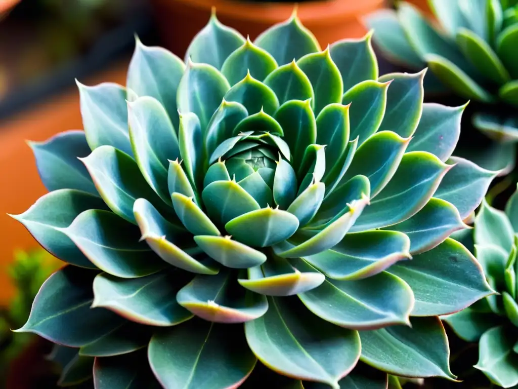Closeup de Suculenta Verde: Belleza en Detalle Una fotografía impresionante de una planta suculenta verde vibrante, con patrones e texturas intrincados en sus hojas