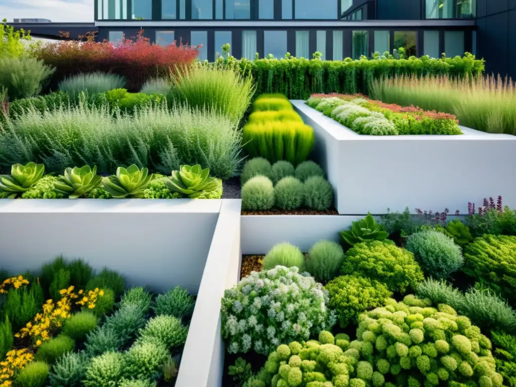 Un impresionante techo verde sostenible con variedad de plantas en un jardín minimalista