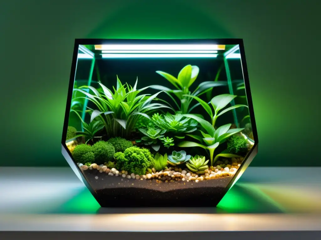 Un impresionante terrario tecnológico para plantas de interior, con un diseño moderno y vibrante