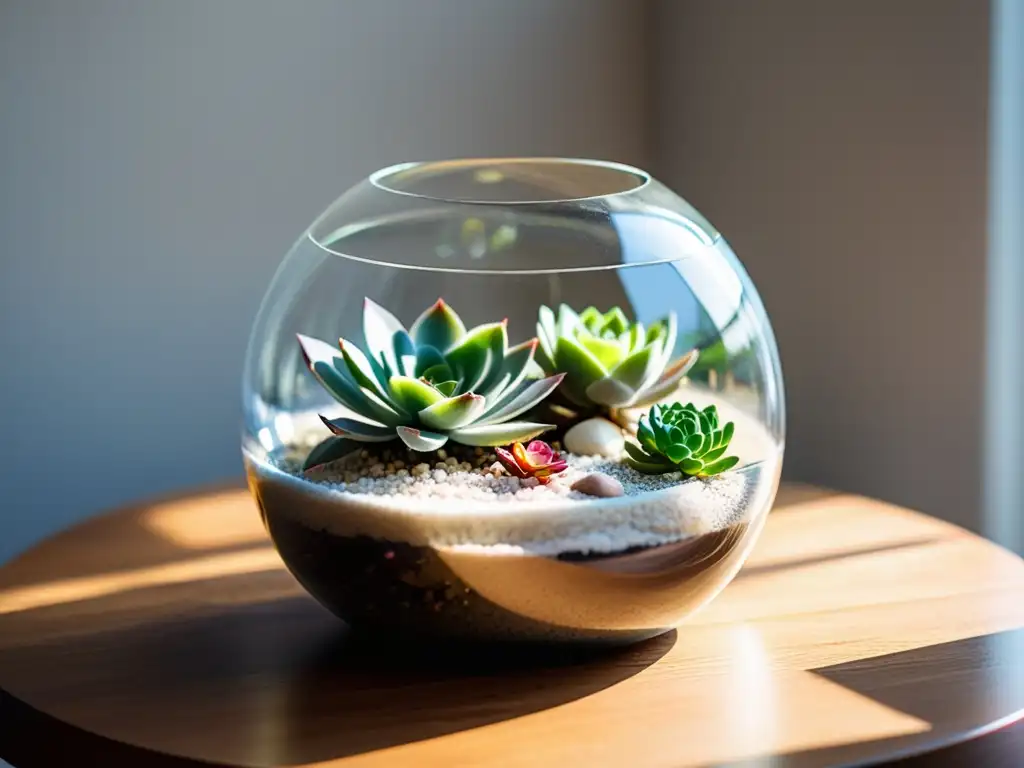 Un impresionante terrario de vidrio con suculentas y arena blanca sobre una mesa de madera