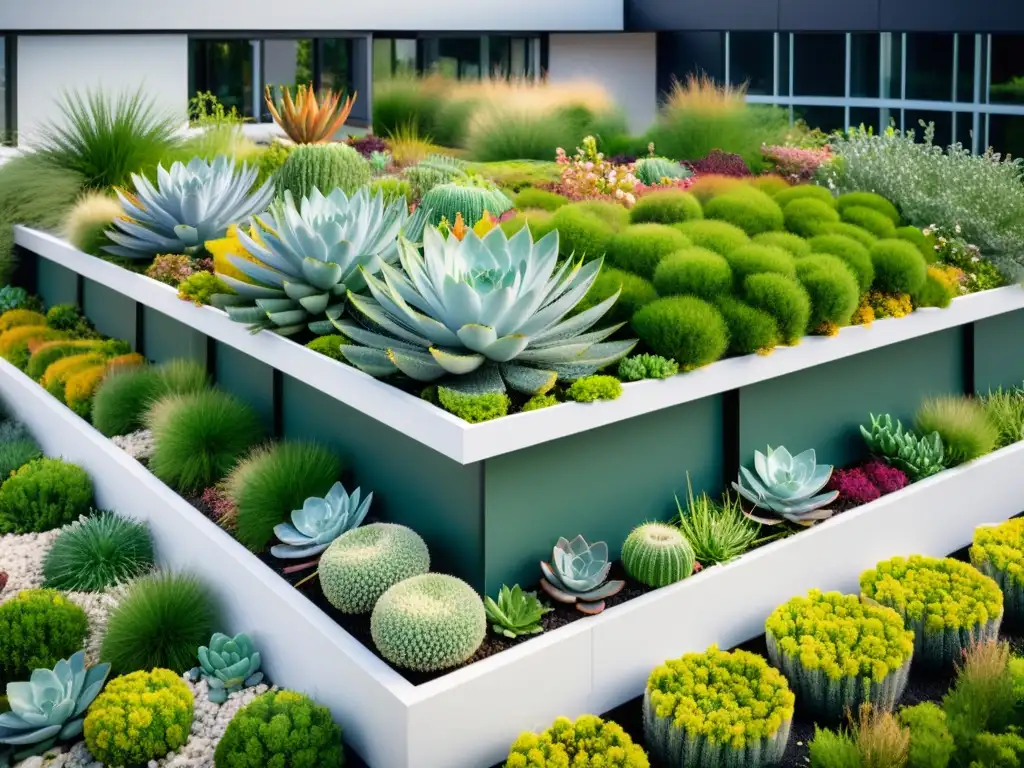 Un impresionante jardín urbano con techos verdes modulares que fusiona la naturaleza con la arquitectura urbana de forma impactante