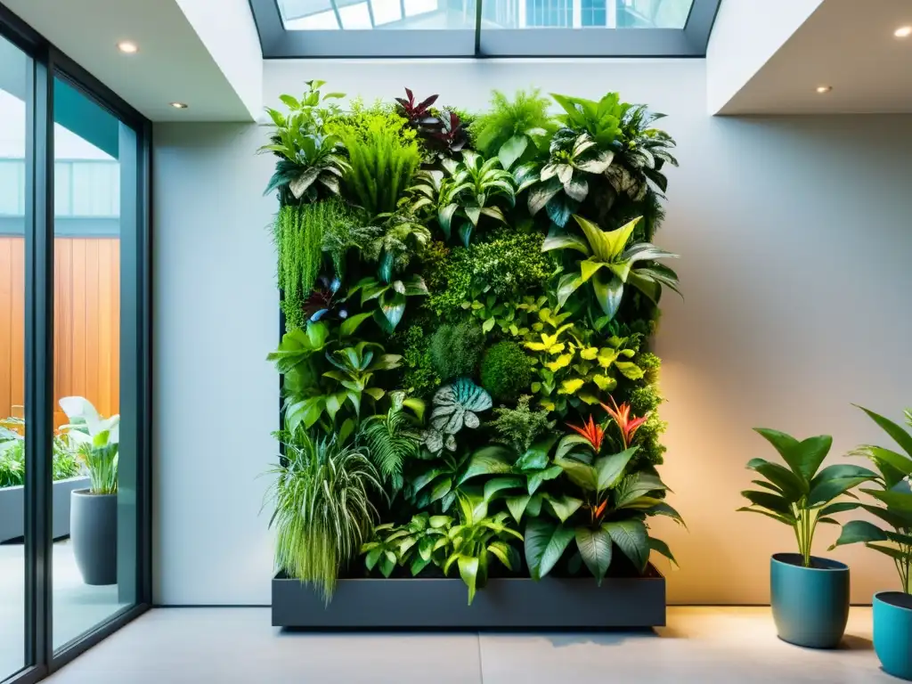 Un impresionante jardín vertical en un espacio comercial, con plantas exuberantes y diseño minimalista, creando un ambiente sofisticado y tranquilo