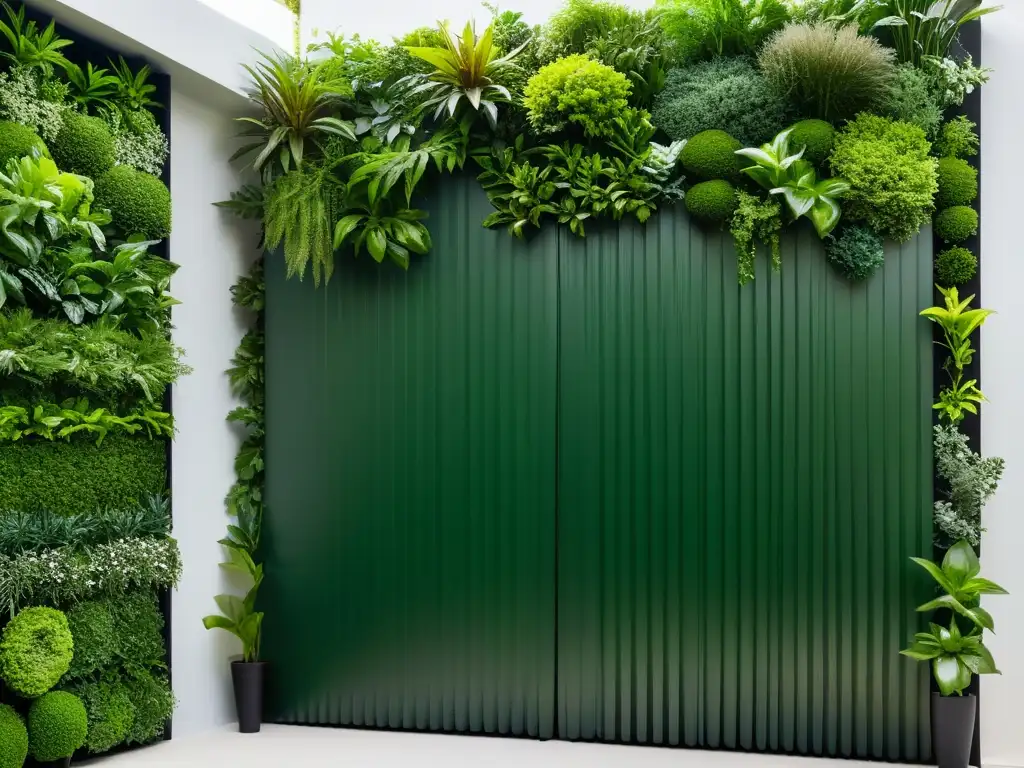 Un impresionante jardín vertical con plantas exuberantes en un diseño minimalista y contemporáneo