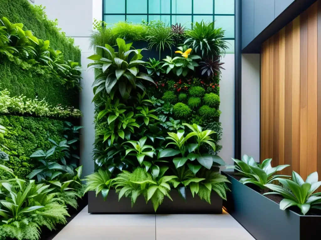 Un impresionante jardín vertical con riego eficiente, naturaleza vibrante y tecnología innovadora en un entorno urbano moderno