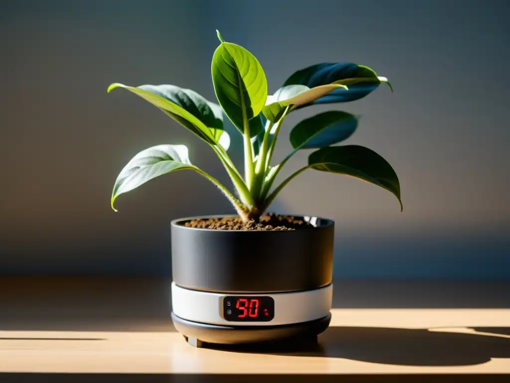 Un indicador de humedad del suelo para plantas de interior, en una imagen minimalista y moderna con luz suave y sombras sutiles