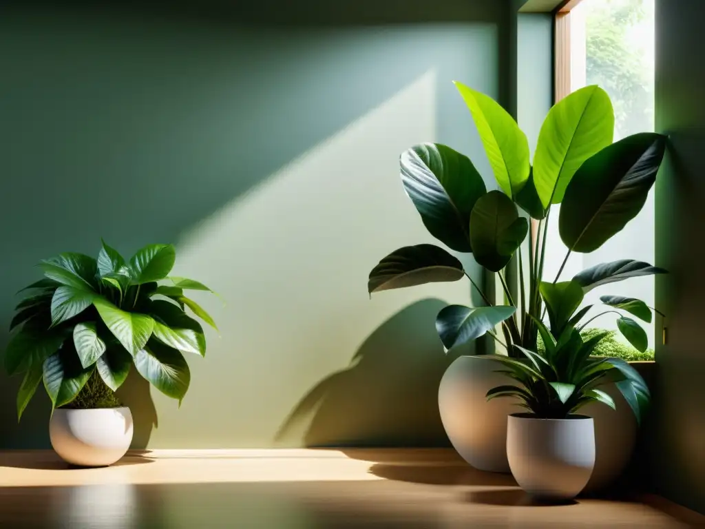 Influencia de las plantas en la humedad ambiental en un espacio interior sereno, con vegetación exuberante que juega con la luz y la sombra, creando una atmósfera calmada y acogedora