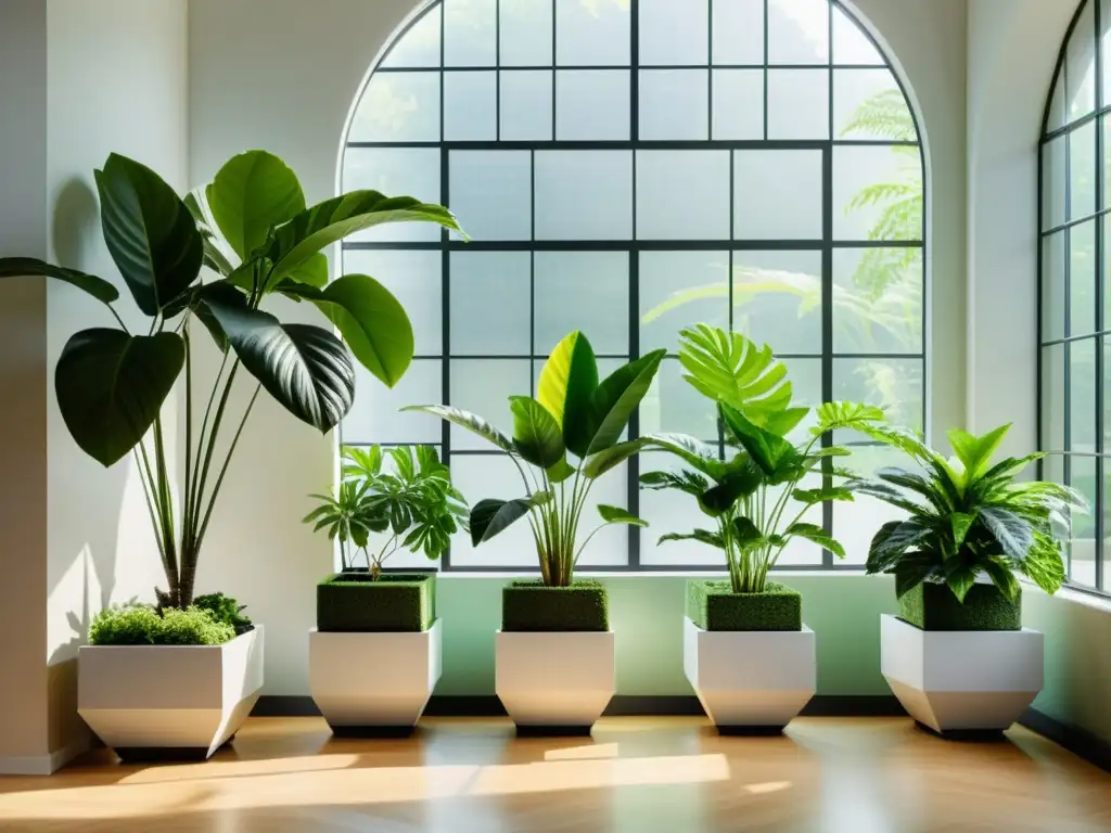 Influencia plantas interior humedad ambiental: Imagen minimalista detallada de un ambiente sereno con exuberantes plantas en macetas geométricas