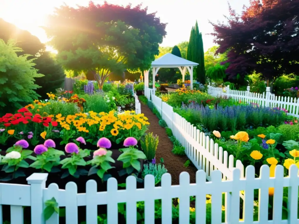 Iniciativas de jardinería comunitaria: Un vibrante jardín comunitario lleno de flores coloridas y vegetación exuberante, rodeado por una valla blanca