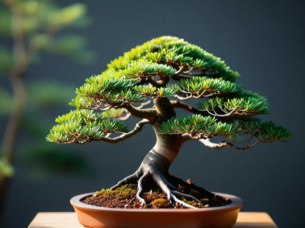 Injertos en bonsáis asiáticos: Detalles precisos y delicados de un árbol bonsái, resaltando la belleza y precisión del trabajo de injertos