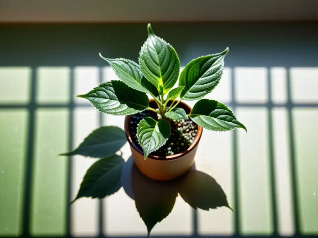 Injertos estéticos en plantas de interior: hojas variegadas con gotas de agua, luz solar filtrada y sombras delicadas