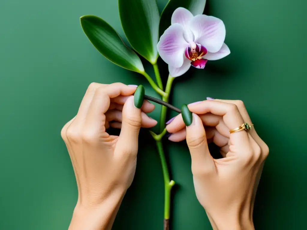 Injertos en orquídeas exóticas cuidado: manos delicadas realizan un injerto preciso en una orquídea, contrastando con el fondo sereno y minimalista