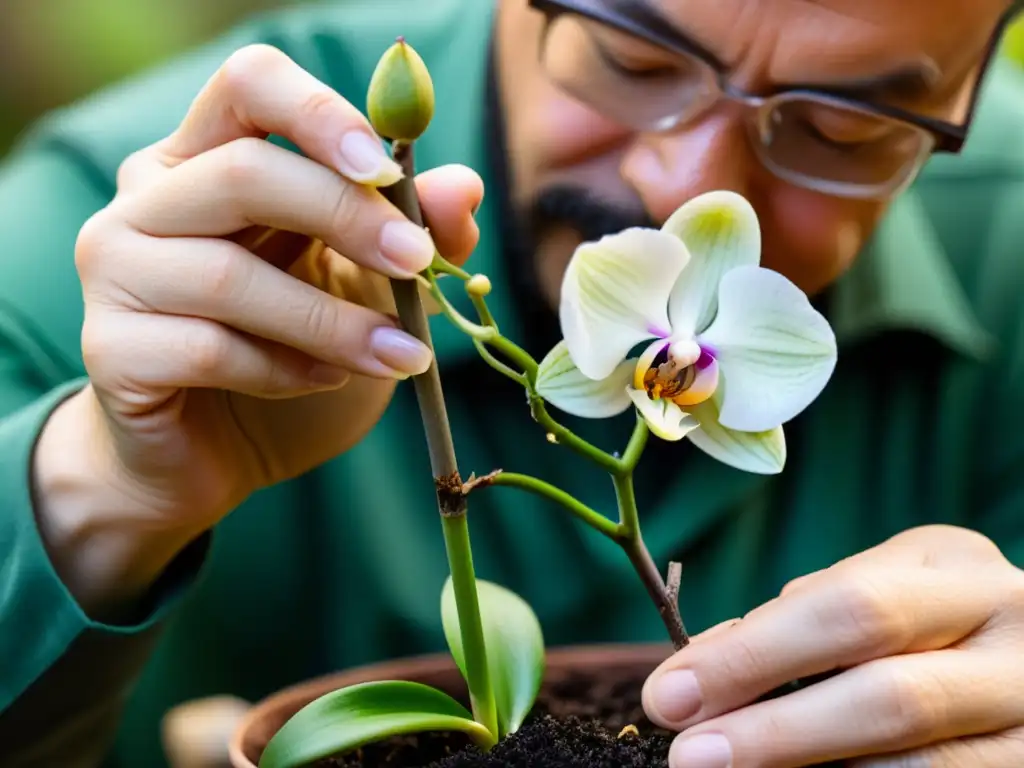 Injertos en orquídeas exóticas: delicada operación de injerto con manos expertas resaltando la belleza y la precisión del proceso