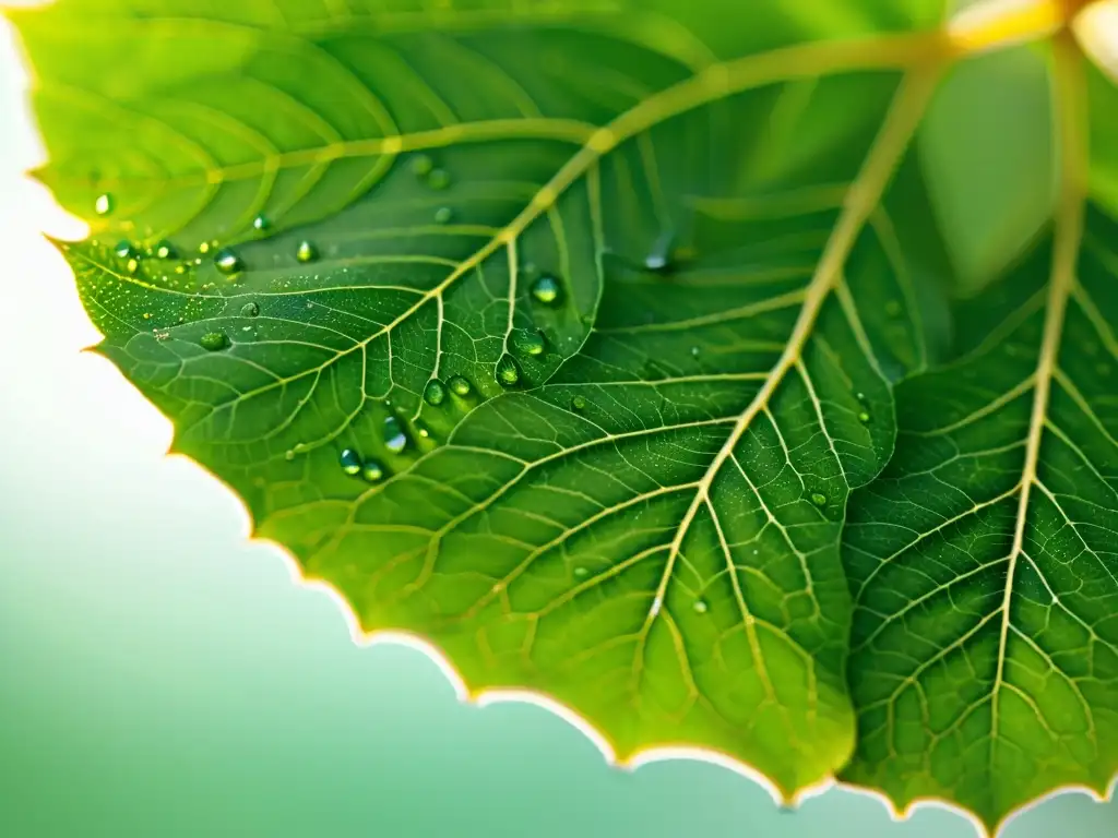 Injertos en plantas de interior: Detalle de una hoja verde con delicadas venas y gotas de agua, iluminada suavemente, en un fondo blanco