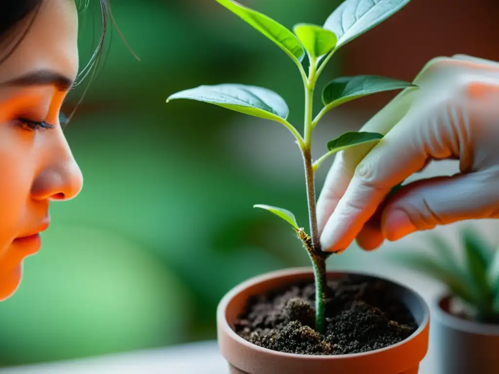 Injertos en plantas de interior: Una mano injerta cuidadosamente una ramita en la planta, con detalles precisos y expresión concentrada